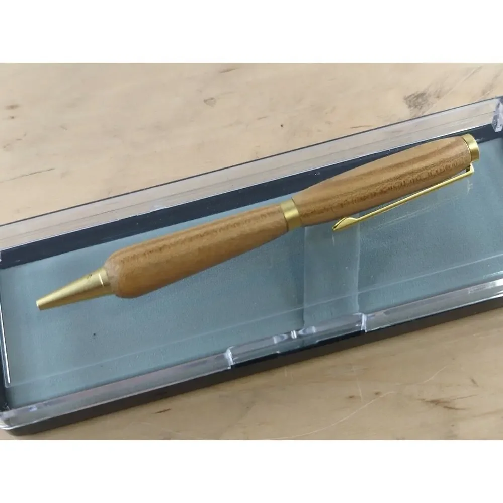 Handturned Slimline Twist Pen Satin Gold Finish Red Elm Body Black Ink‎